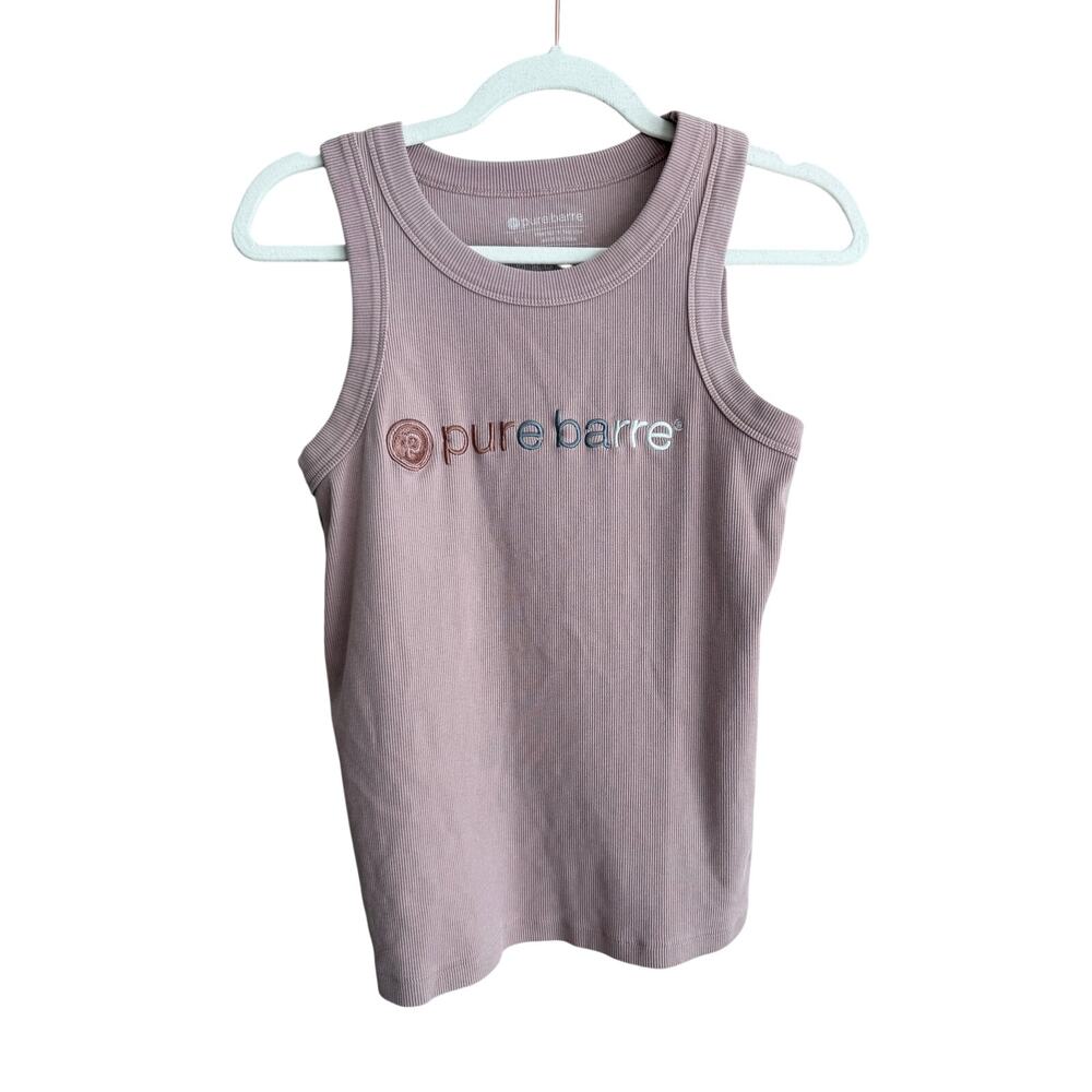 Pure Barre Sz L Ribbed Tank Embroidered Logo Blush Pink Mauve High Neck